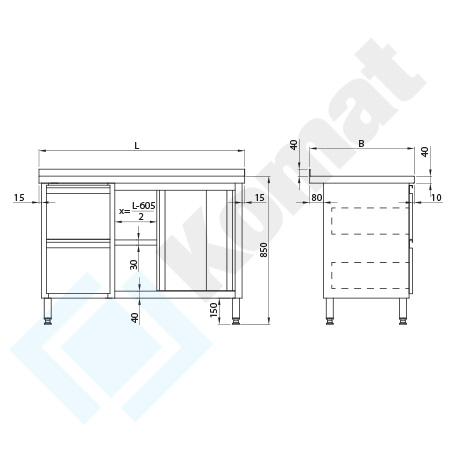 KST-028 - Stół przyścienny z szufladami i drzwiami suwanymi